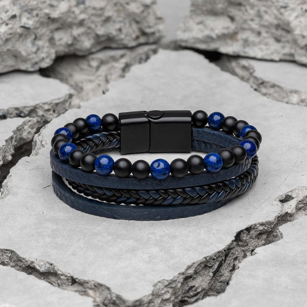 Men's Blue Beaded Leather Stacked Bracelet Samos Jewelry