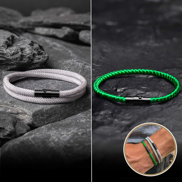 Silver & Green Men's Rope Layered Bracelet Set | Samos Jewelry