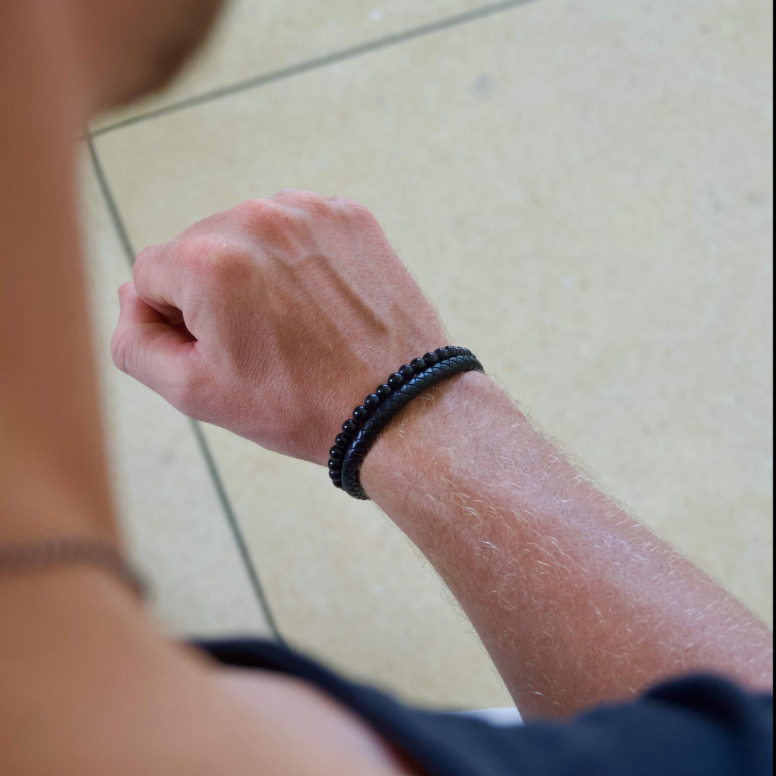 Leather & Beaded Men's Black Bracelet Set | Samos Jewelry