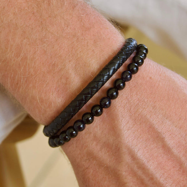 Leather Beaded Men's Black Bracelet Set Samos Jewelry