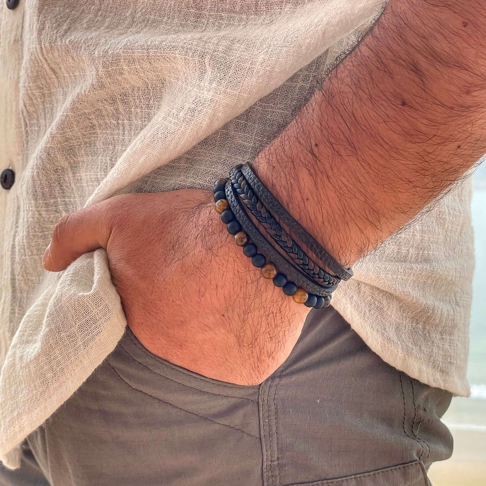 Stylish Men's Leather Beaded Stack Bracelet | Samos Jewelry