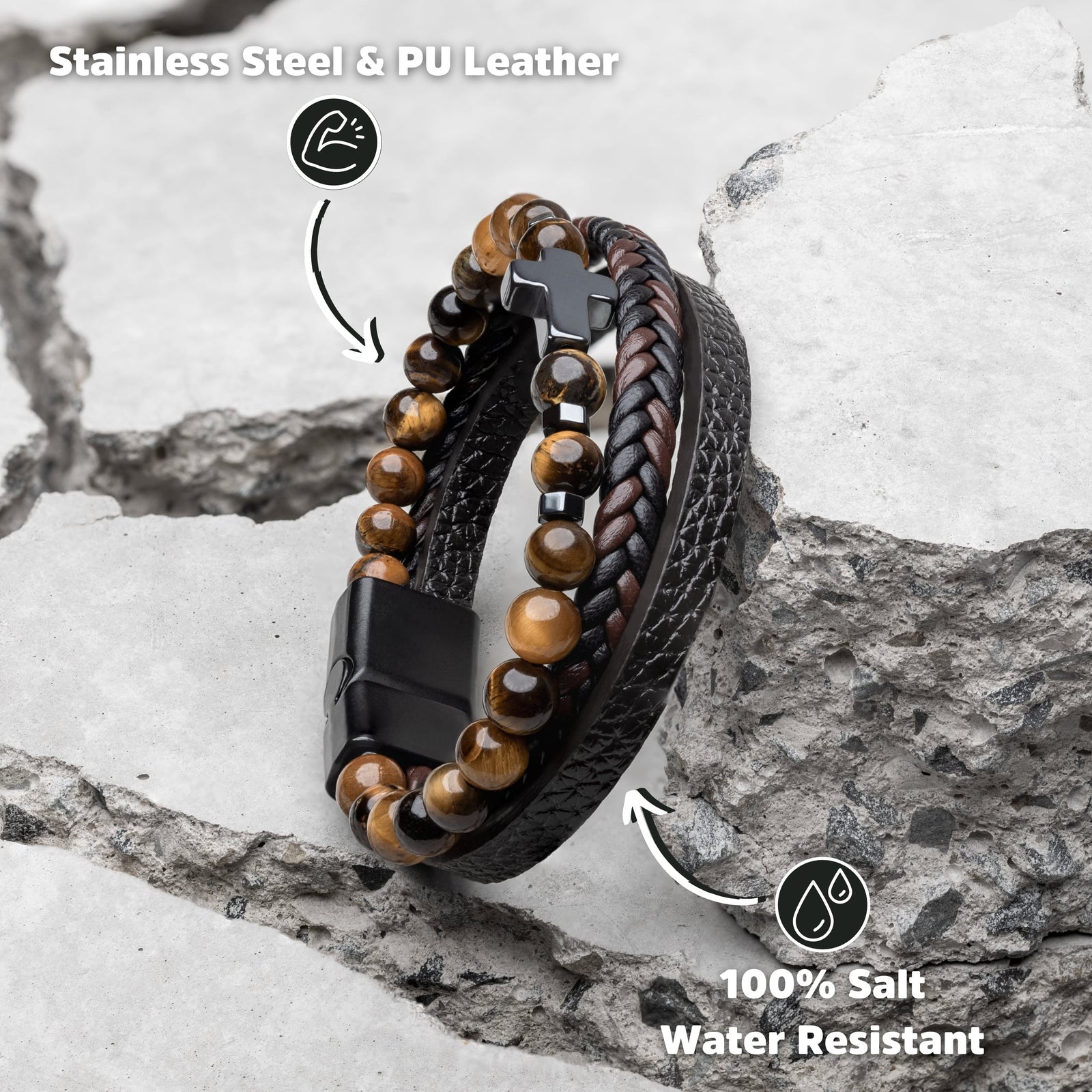 Beaded Stacked Cross Leather Bracelet For Men | Samos Jewelry