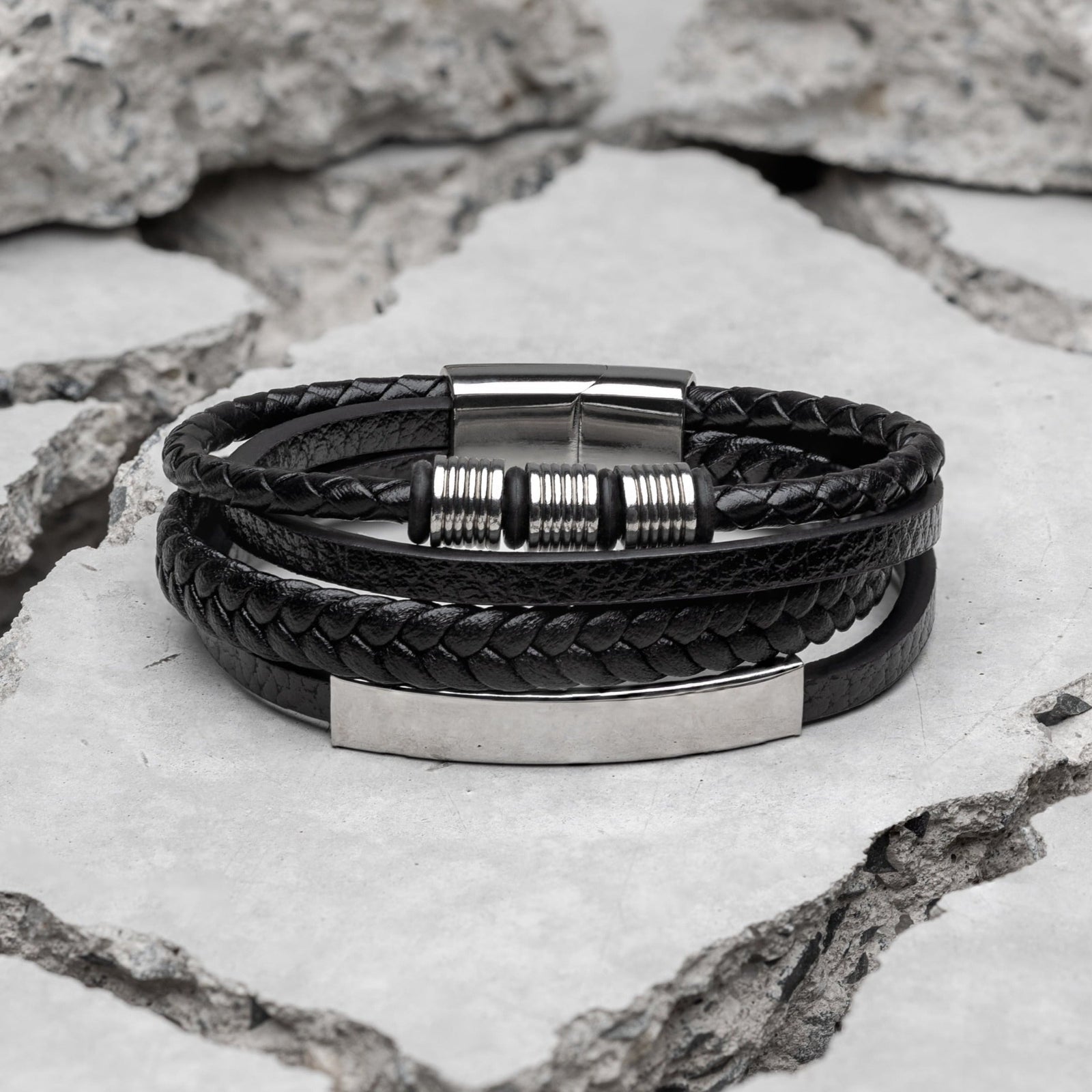 Black Braided Leather Stacked Bracelet For Men | Samos Jewelry