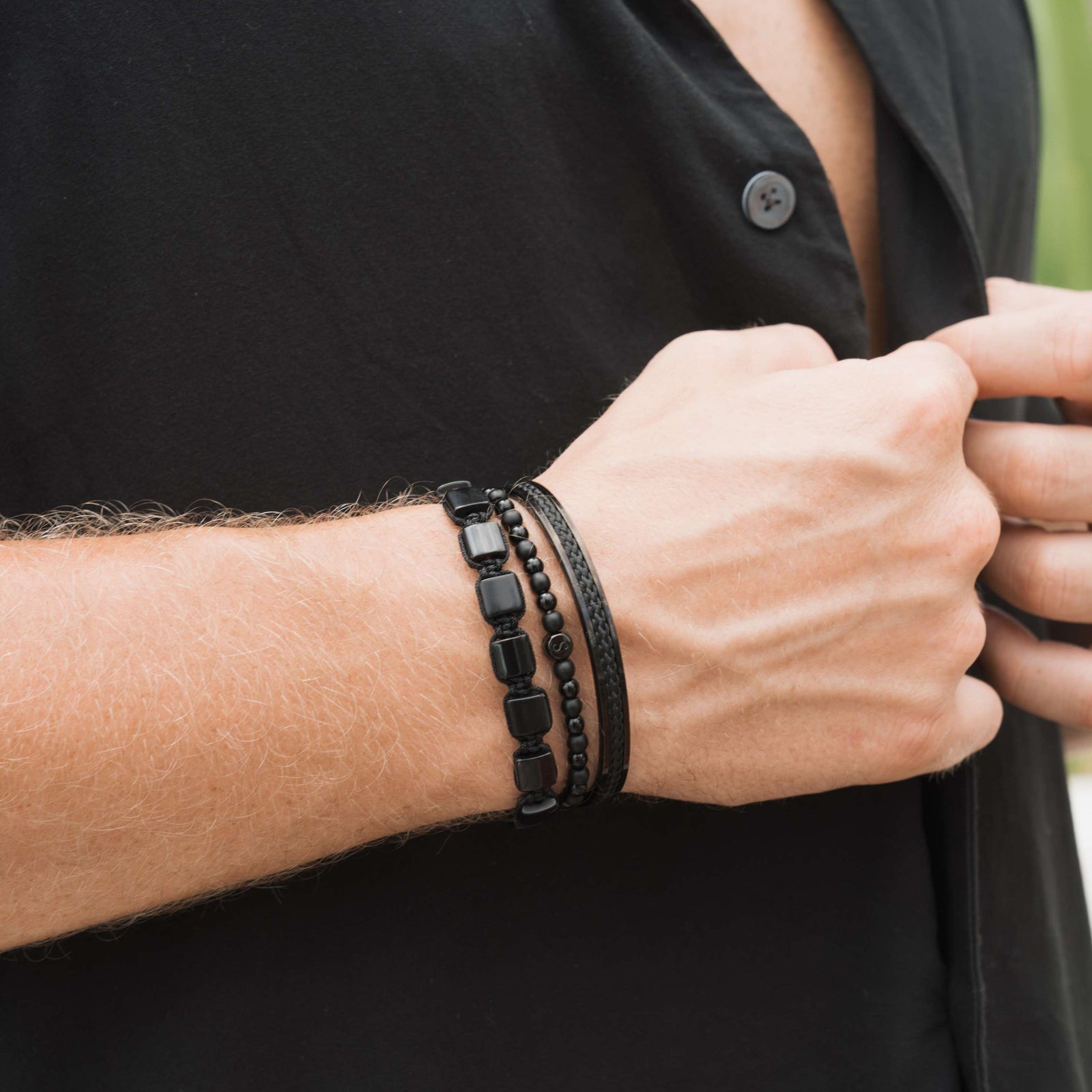 Adjustable Men's Beaded Black Bracelet Stack | Samos Jewelry