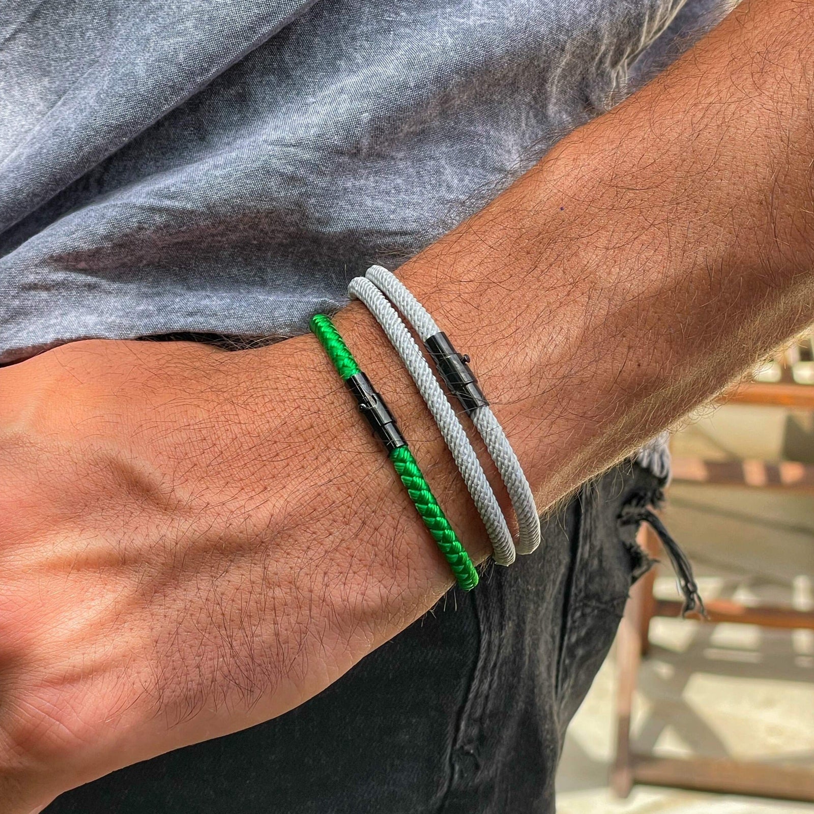 Silver & Green Men's Rope Layered Bracelet Set | Samos Jewelry